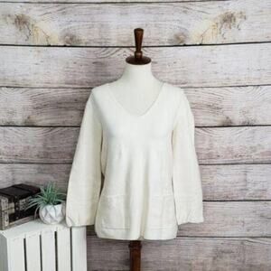 NIC+ZOE Womens Long Sleeve Top‎ Bone Ivory XS V Neck Pockets Pullover